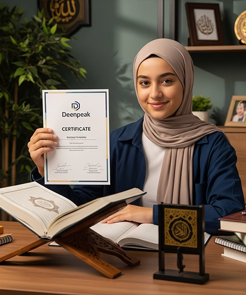 A smiling young Muslim girl in a hijab proudly holding up a Deenpeak certificate, with an open Quran on a stand and books on a desk, symbolizing successful completion of an online Arabic Grammar Course Online .