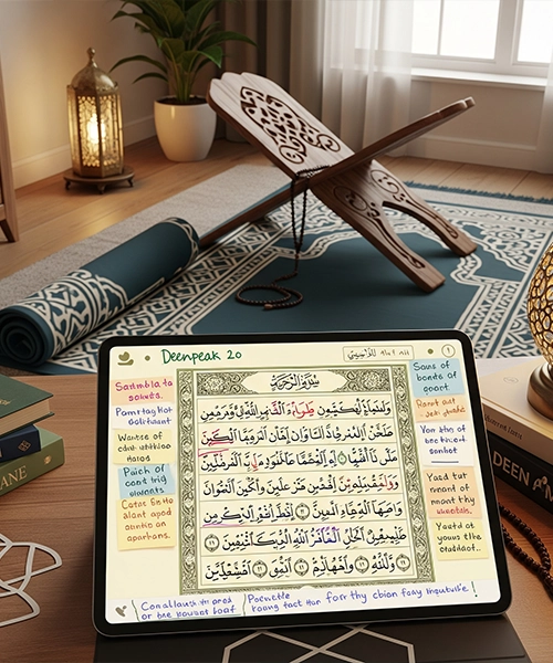 Close-up of a notebook with "Arabic Grammar Course Online" written at the top, surrounded by pens and an open book, symbolizing a structured curriculum and detailed study of Arabic linguistic concepts.