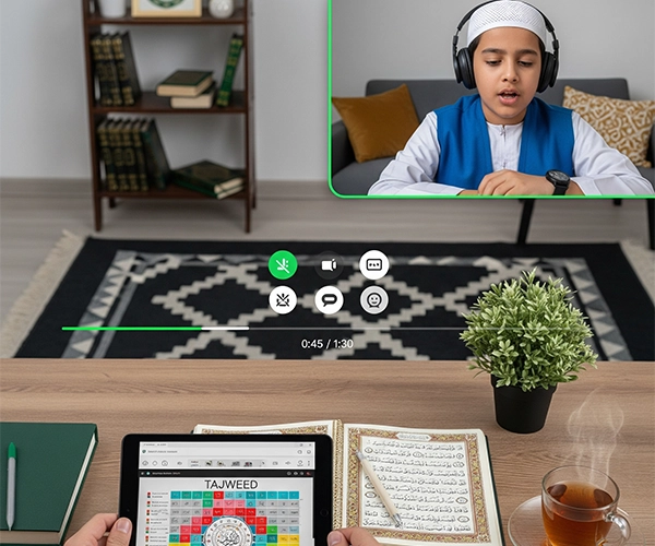 Young Muslim boy in kufi and headphones attentively learning Quranic tajweed online with visible instructor profiles on his laptop screen.