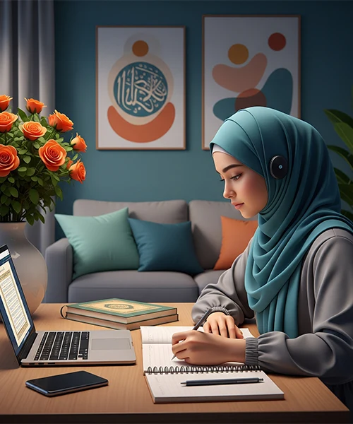 Focused Muslimah in teal hijab and headphones studying online with laptop, taking notes, symbolizing structured course duration and flexible scheduling.