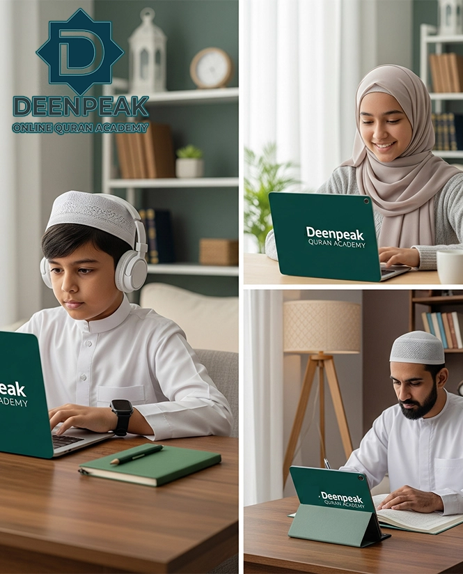 Collage showing students and teacher learning and teaching Quran online with Deenpeak