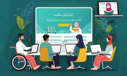 Diverse group of students, including one in a wheelchair, learning Quran online via laptops