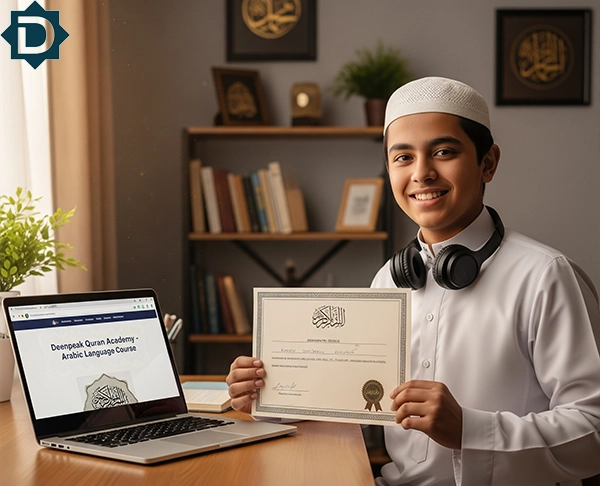 A smiling young boy in a topi and headphones holding up a certificate of completion for the Deenpeak Arabic Language Course, with a laptop showing the course page next to him.