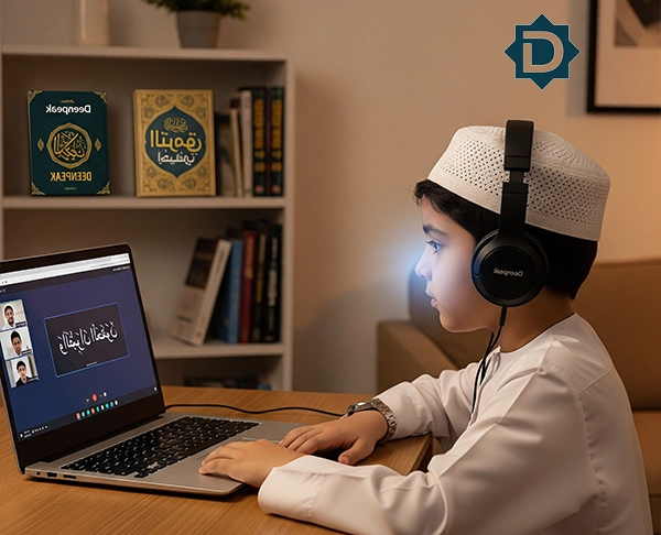 A young Muslim boy wearing a white topi and headphones, intently focused on an Arabic Language Course Online class on a laptop.