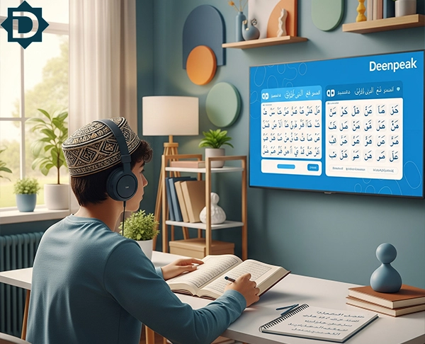 A young boy in a topi and headphones studying Arabic, looking at a large screen displaying Arabic Language Course Online script alongside an open book on his desk.