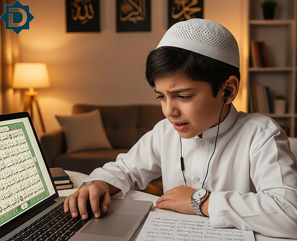 A young Muslim boy wearing a white topi and earphones, intently studying the Quran on a laptop, with an open notebook beside him, in a warm lit room.