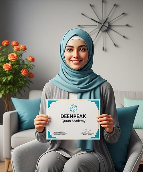 Smiling Muslim woman in teal hijab holding a Deenpeak Quran Academy certificate, symbolizing achievement and the path to Ijazah.