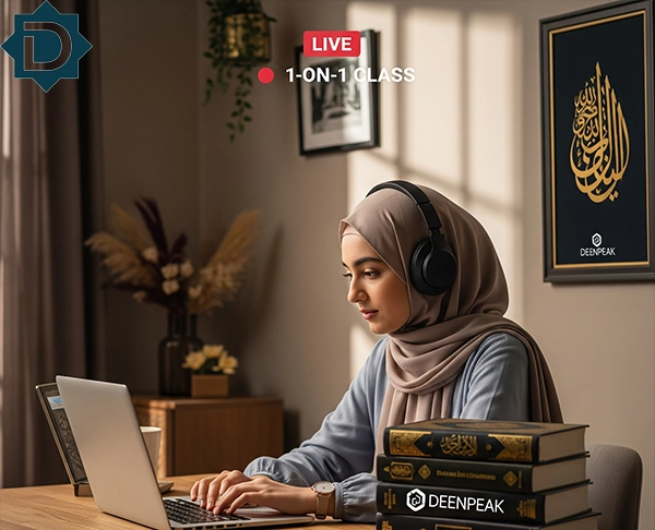 A young woman in a hijab and headphones engaged in an online 1-on-1 Hadith class on her laptop, surrounded by books, depicting flexible and peaceful learning.