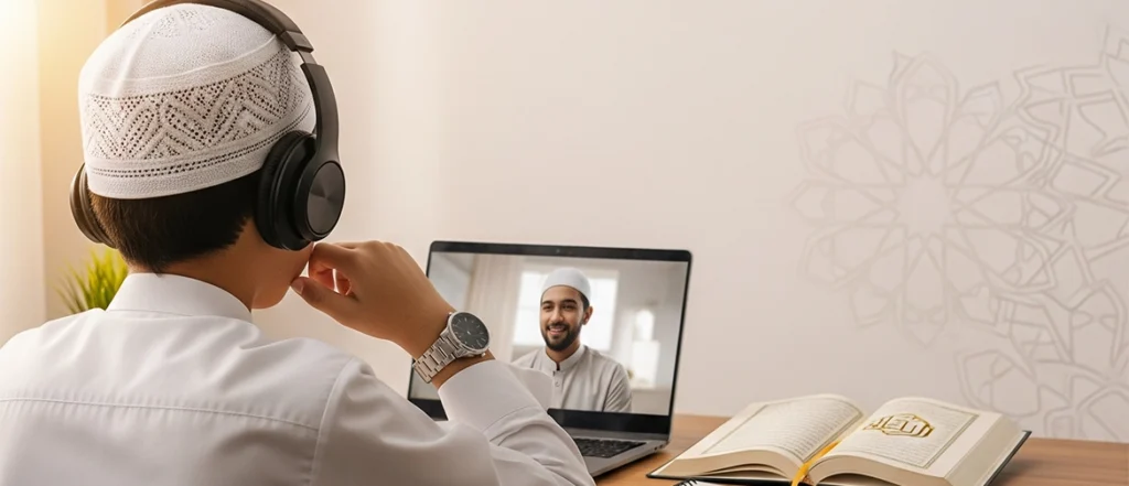 Young student in prayer cap and headphones attending an online Quran class via laptop