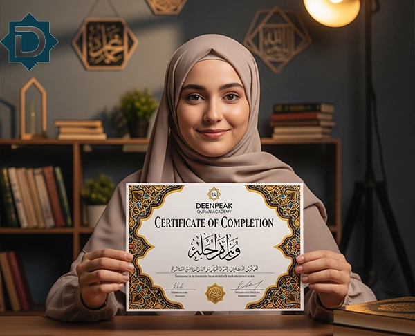 A smiling young woman in a hijab proudly holding up a "Deenpeak Quran Academy Certificate of Completion" for Hadith studies.