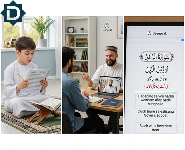 A triptych illustrating Deenpeak's Hadith course structure: a boy studying on a prayer mat, an online class with an instructor on a laptop, and a digital screen showing Arabic text lessons.