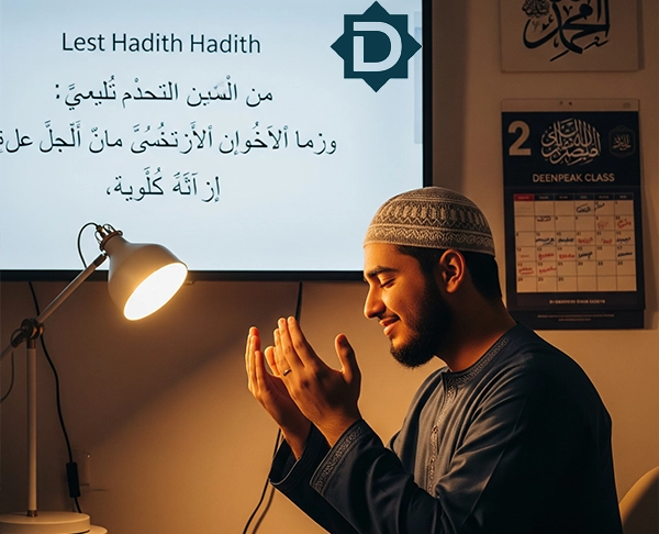 A young Muslim man in a topi and traditional attire, sitting with hands raised in prayer, beside a screen displaying Arabic Hadith text, symbolizing the spiritual transformation from Hadith.