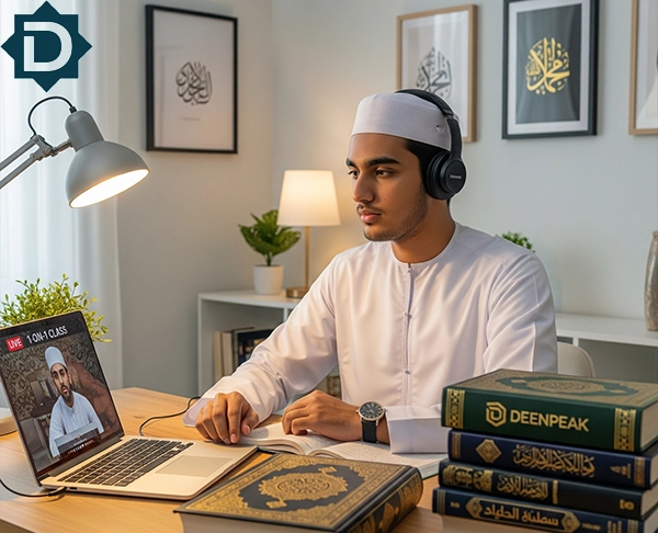 A young Muslim man wearing a white topi and headphones, engaged in an Hadith Course Online class on a laptop, with a stack of Islamic books including Deenpeak branded ones beside him.