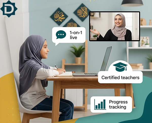 A young girl in a hijab learning online with a female teacher on a laptop, with text bubbles indicating "1-on-1 live," "Certified teachers," and "Progress tracking."