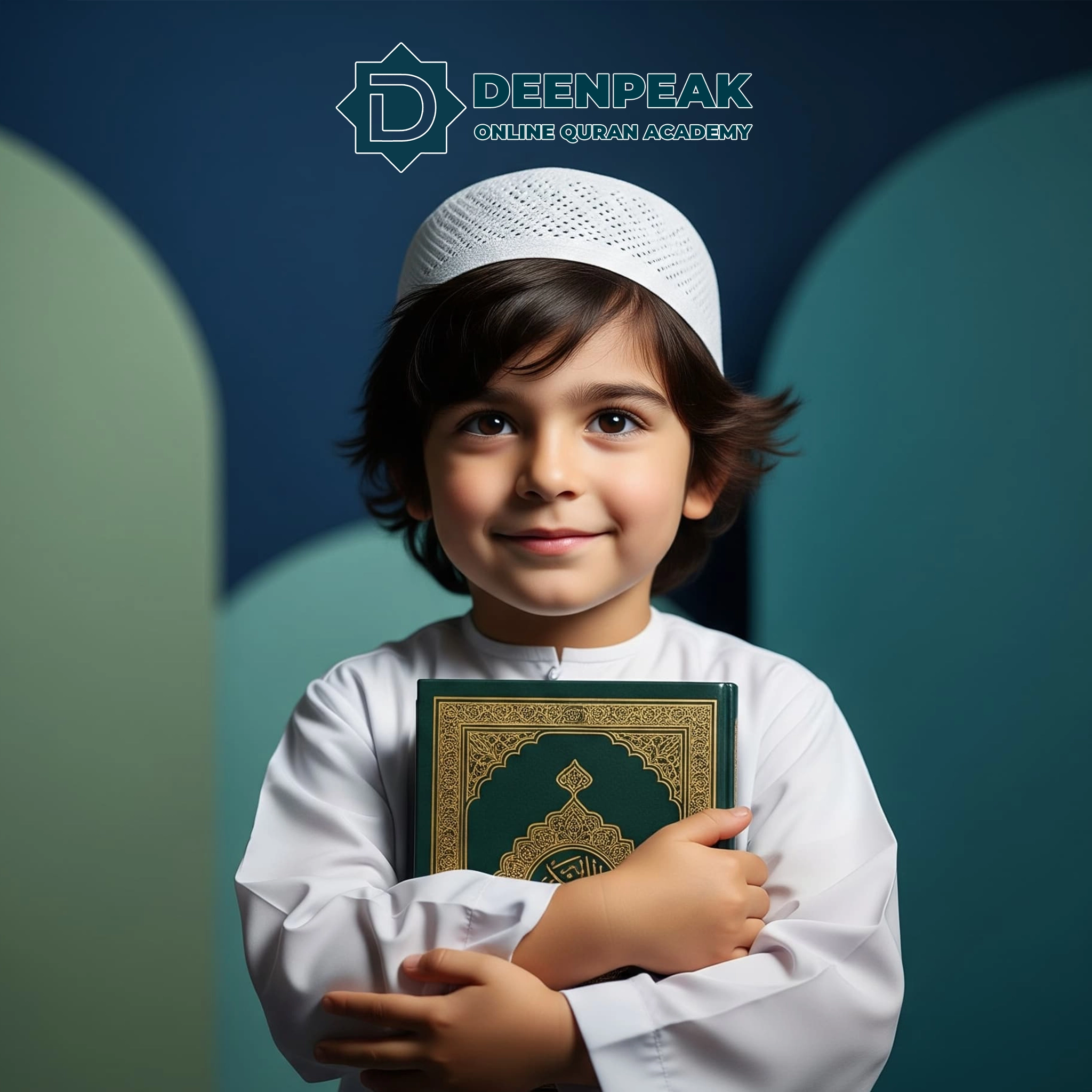 Smiling young Muslim boy holding a Holy Quran, representing Deenpeak's offerings