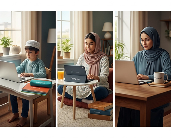 A triptych showing a young boy on a laptop, a teenage girl on a tablet, and an adult woman on a laptop, all engaged in online learning in their homes.