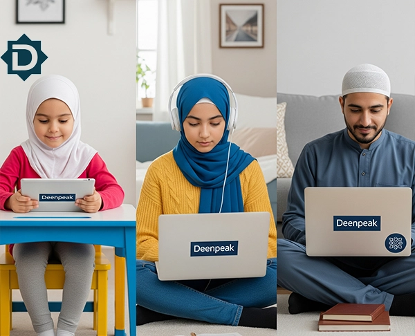 A triptych showing a young girl on a tablet, a teenage girl with headphones on a laptop, and an adult man on a laptop, all engaged in online learning with the "Deenpeak" logo visible on their devices.