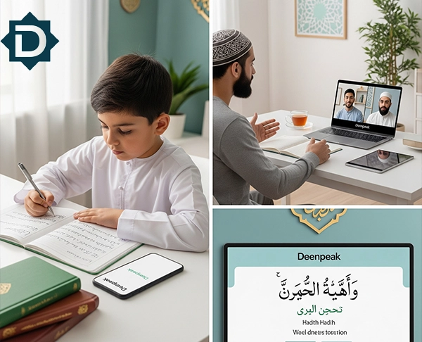 A triptych showing a young boy studying and writing, an adult student engaged in an online class with multiple instructors, and a screen displaying Hadith text lessons, illustrating the diverse learning experience at Deenpeak.