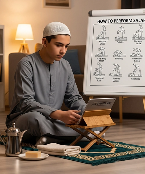 Young Muslim man studying "How to Perform Salah" on a tablet, with a whiteboard in the background illustrating various prayer postures, symbolizing a detailed approach to understanding Islamic worship.