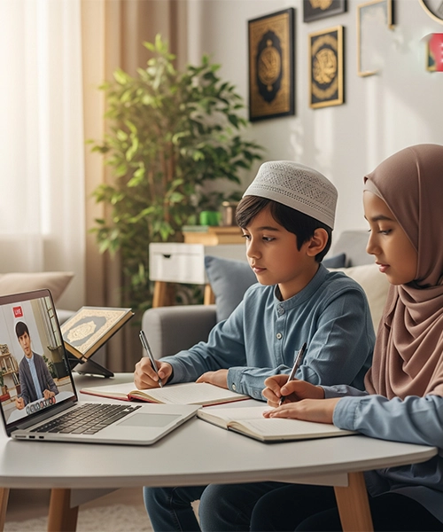 Two young Muslim children, a boy and a girl, attentively learning online from a laptop with a male instructor, writing notes in their notebooks, symbolizing the beginning of their Islamic education.