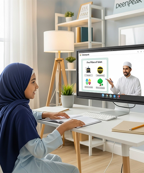 Young Muslim girl in blue hijab looking intently at a large monitor displaying "Fundamental Of Islam Course" with icons, and a male online instructor, ready to learn.
