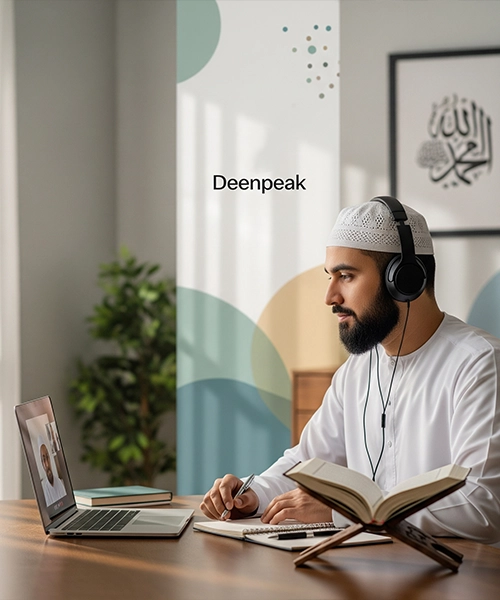 Adult male student taking a **Tafseer Course Online**, wearing headphones and a kufi, with a live teacher on his laptop and a Quran on a stand.