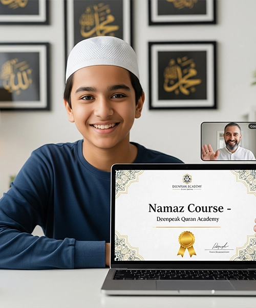 Smiling young boy in a prayer cap proudly holding up a laptop displaying a "Namaz Course - Deenpeak Quran Academy" completion certificate, with an online instructor waving on the screen.