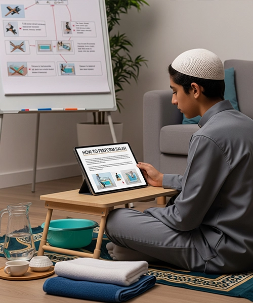 Young Muslim man in traditional attire learning how to perform Salah from a tablet, with a whiteboard in the background showing steps of Wudu and prayer.