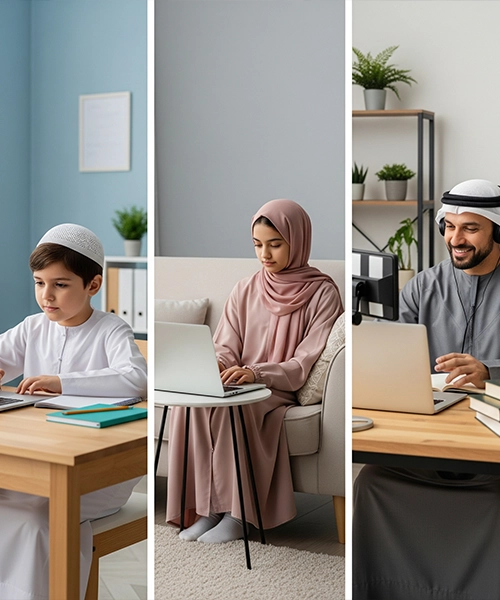 A split image showing diverse students (a young boy, a young girl, and an adult man in traditional attire) each engaged in online learning on laptops, symbolizing that the Arabic Grammar course Online is suitable for all ages and backgrounds.