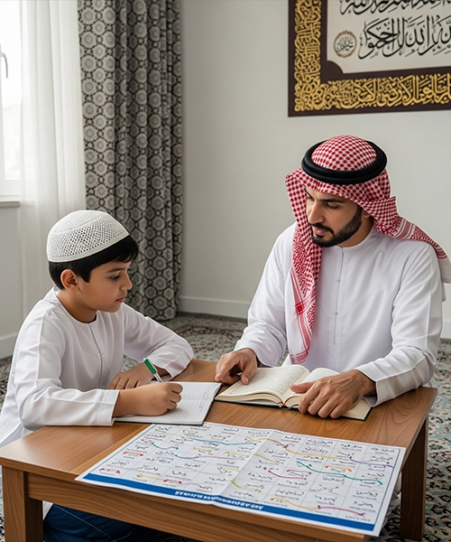 A male Arabic teacher, wearing traditional attire, provides one-on-one instruction to a young boy who is writing in a notebook, with an Arabic Grammar Course Online learning chart and an open book on the table, symbolizing personalized and expert teaching.