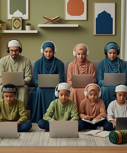 A diverse Muslim family (adults and children) learning collaboratively at home, each with a laptop and headphones, symbolizing a positive and engaging online educational experience.