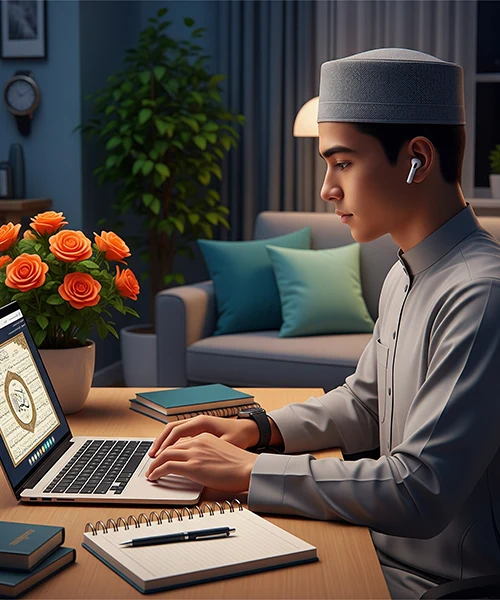 Young Muslim man in kufi and earbuds studying online, typing on laptop with Quranic text, symbolizing connection of Qira'at with Tajweed and Riwayaat.