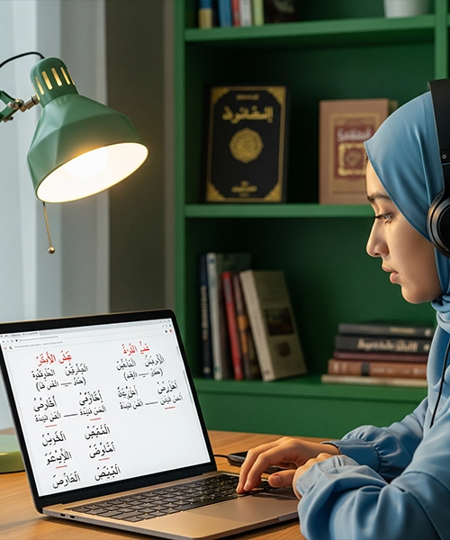 A Muslim man in traditional attire making Dua (supplication) on a prayer mat, with a laptop open to an online lesson displaying Arabic text, and an open Quran on a rehal, symbolizing a deepened spiritual connection through understanding Arabic.