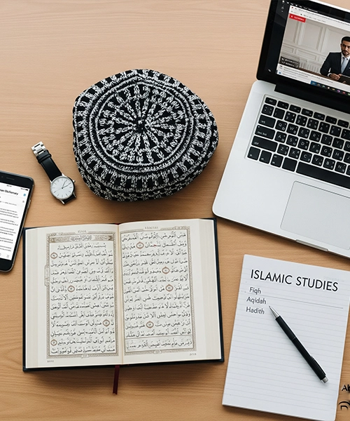 Overhead view of a study desk with an open Holy Quran, a knitted kufi, a laptop showing an online instructor, and a notebook titled "ISLAMIC STUDIES" with Fiqh, Aqidah, and Hadith listed, representing comprehensive course features.