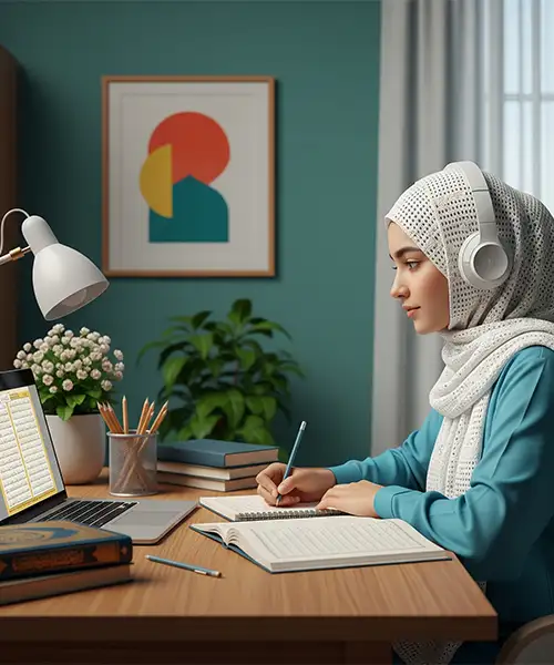 Young Muslim woman in white hijab and headphones studying Quran online, diligently writing notes to understand the Ten Qira'at Course Online.
