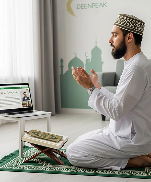A Muslim man in traditional attire making Dua (supplication) on a prayer mat, with a laptop open to an online class screen showing an instructor, signifying the accessibility of online Namaz learning.