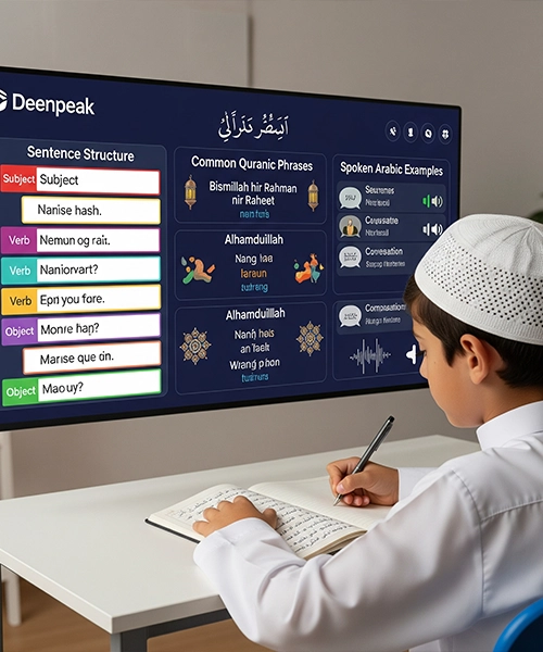 A friendly male Quran teacher and a young girl smiling, with a laptop displaying Quranic text in Arabic and Urdu translation, symbolizing the effective and supportive online Islamic education provided by Deenpeak.