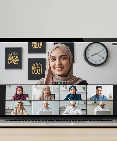 A friendly female Quran teacher smiling on a laptop screen, teaching a group of male and female students of various ages in a flexible Fundamental of islam course online class.