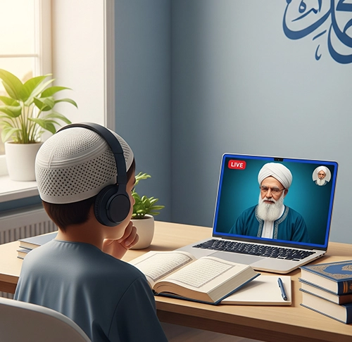 A young boy taking an online Ijazah Quran course, using a laptop to have a live session with a certified teacher, highlighting the program's flexible schedule.