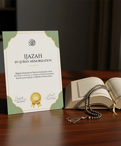 A mockup of the Deenpeak Online Quran Ijazah Course certificate, placed next to a Quran and prayer beads, symbolizing the course's credibility and global recognition.