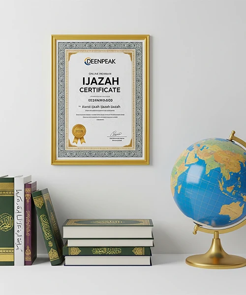 A framed Deenpeak Online Quran Ijazah Certificate, symbolizing the global recognition and credibility of completing the online course.
