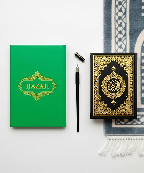 A green Ijazah book, a black Quran, and a pen placed on a prayer mat, representing the certification and knowledge gained from the Quran Ijazah Course Online.