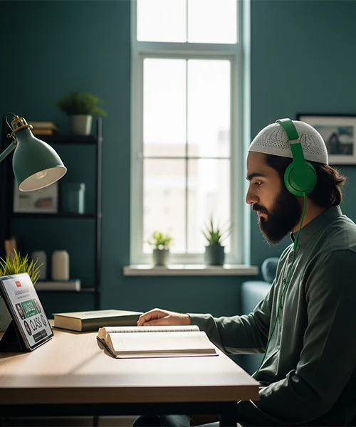 A student with headphones on, taking a live, one-on-one Quran Ijazah Course Online session on a tablet with a certified teacher.