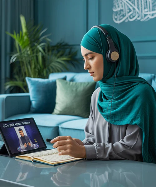 A female student wearing a hijab and headphones, taking a Quran Ijazah Course Online with a male teacher visible on her tablet.