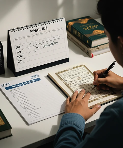A student studying for the Quran Ijazah Course Online, using a revision checklist and a calendar to track their progress through the structured phases.