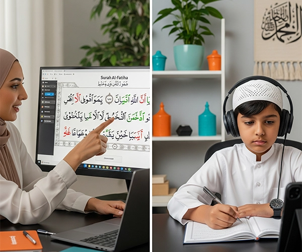 A split image showing a female teacher on a computer screen teaching a young boy who is taking notes, representing the live and one-on-one features of the Tajweed Course Online.