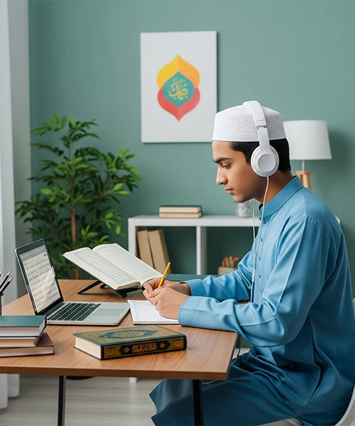 A young male student wearing a prayer cap and headphones, taking notes while learning the Ten Qiraat Course Online with a laptop and an open Quran.