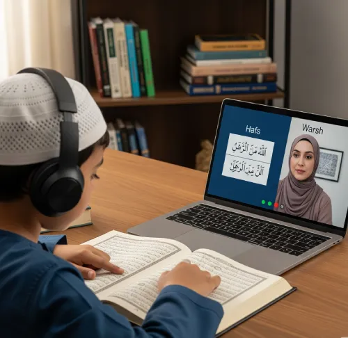 A young boy with headphones learning the Ten Qiraat Course Online on a laptop with a female teacher, demonstrating the benefits of learning different recitations.