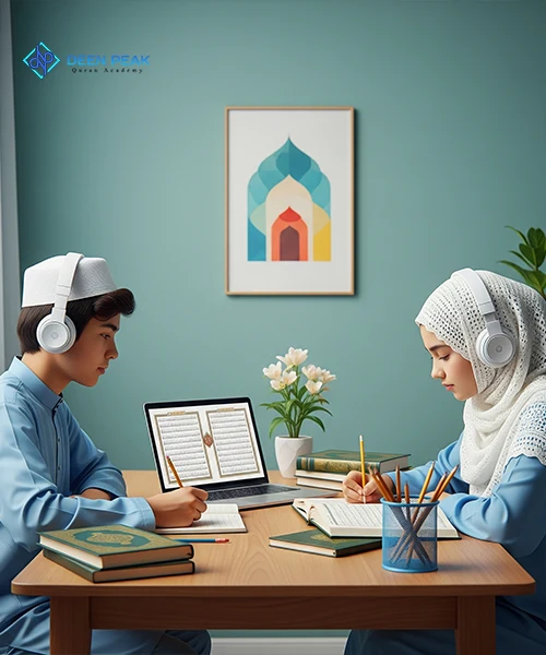 Two young students, a boy and a girl, with headphones, studying the structured Ten Qiraat Course Online on a laptop, taking notes and referencing books.