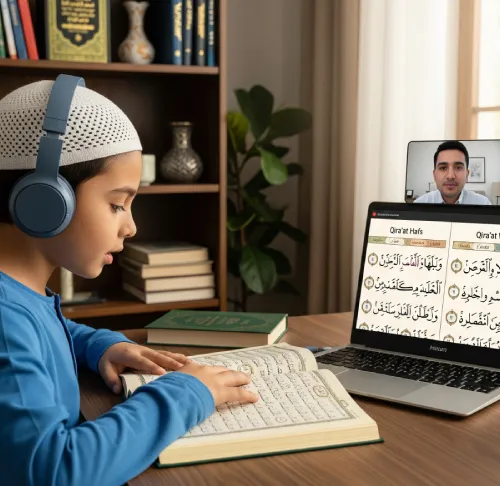 A young boy in a prayer cap and headphones learning the Ten Qiraat Course Online with a live certified teacher on his laptop, showing the one-on-one sessions.
